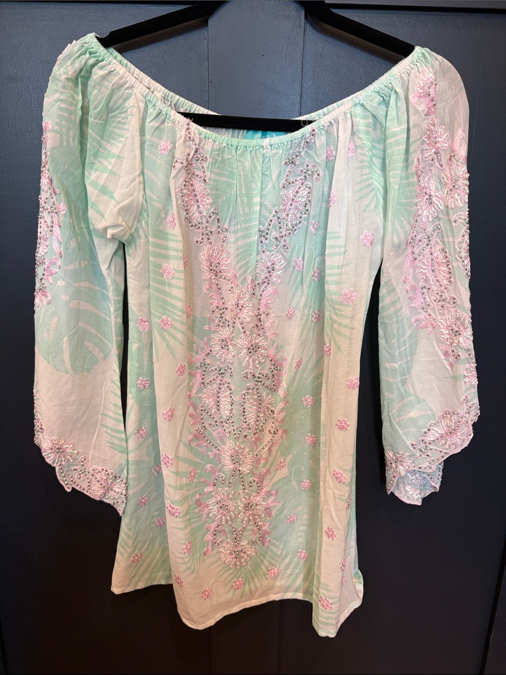 718. TAJ by Sabrina Crippa Mint Off-Shoulder Tunic with Pink Embroidery